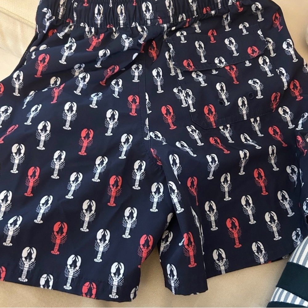 Vineyard Vines Navy Kids Swim Trunks with Red and White Lobster Print